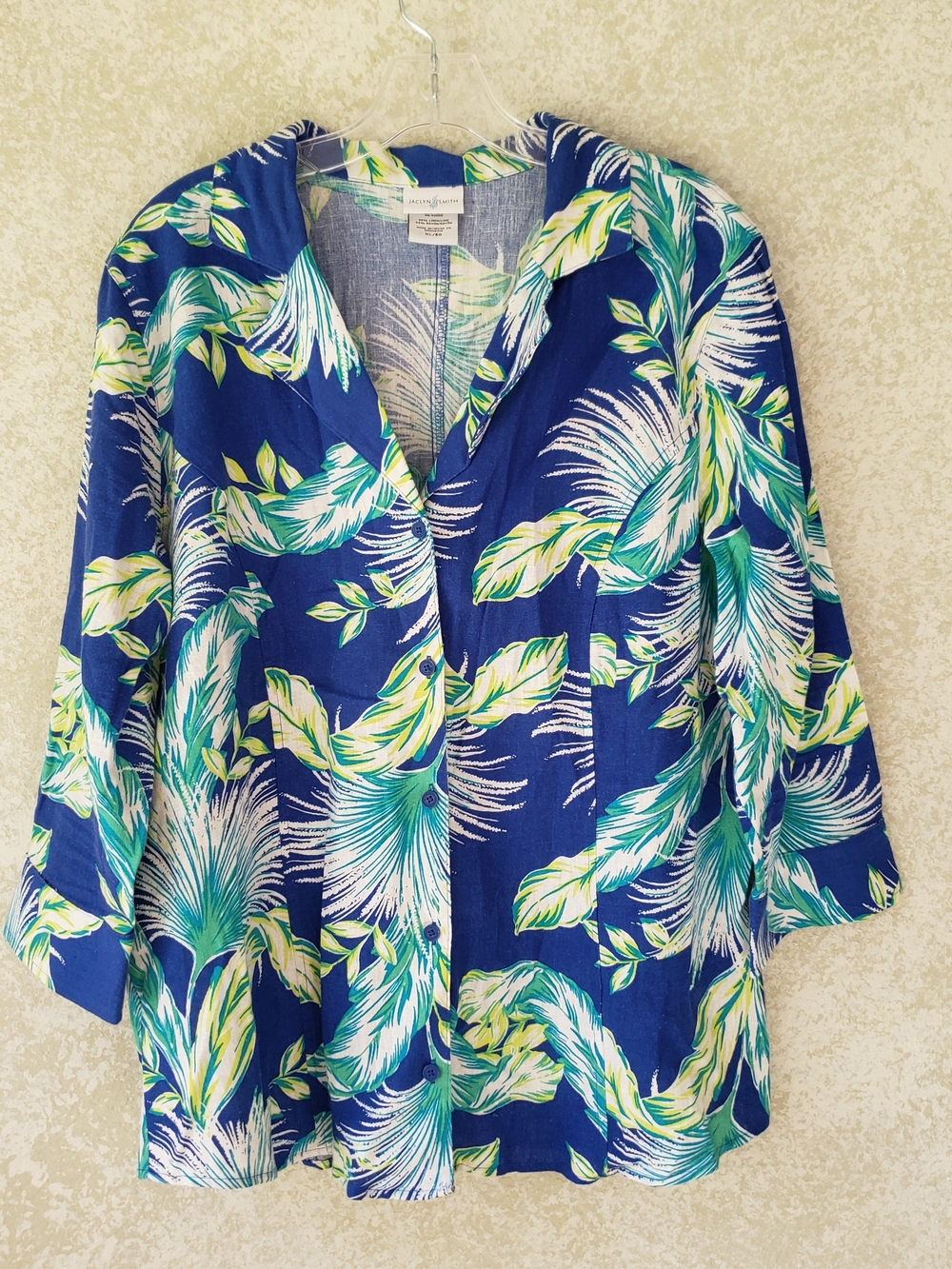 Jaclyn Smith Navy Blue Tropical Leaf Button-Up Shirt
